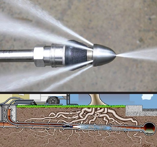 An image showing the process of sewer line hydro jetting with a comparison of residential vs. commercial hydro jetting costs.